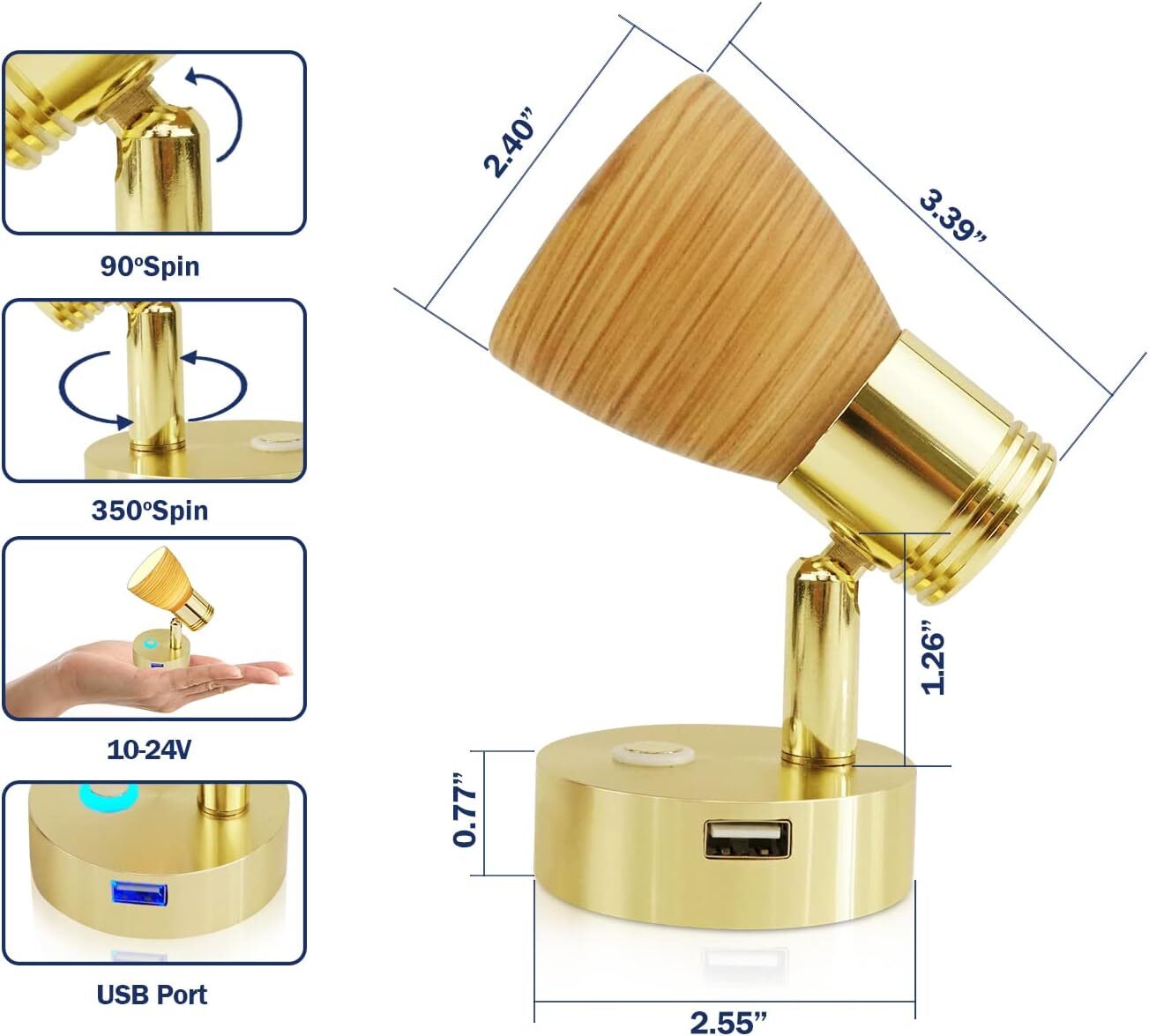 12V-24V Boat RV LED Reading Light Wall Mount USB Interior Bedside Book Map Lamp
