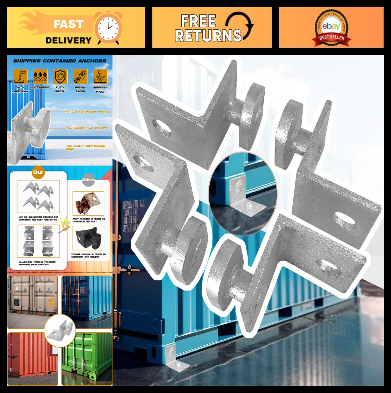 4 Pack Shipping Container Anchors – Galvanized Steel Tie Downs for Rock/Cement
