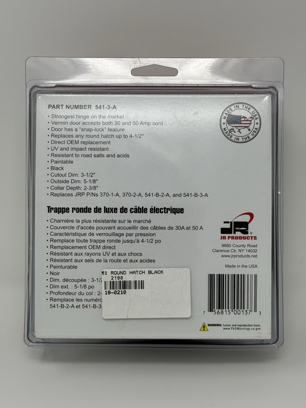 JR Products 541-3-A Black Deluxe Round Electric Cable Hatch with Back