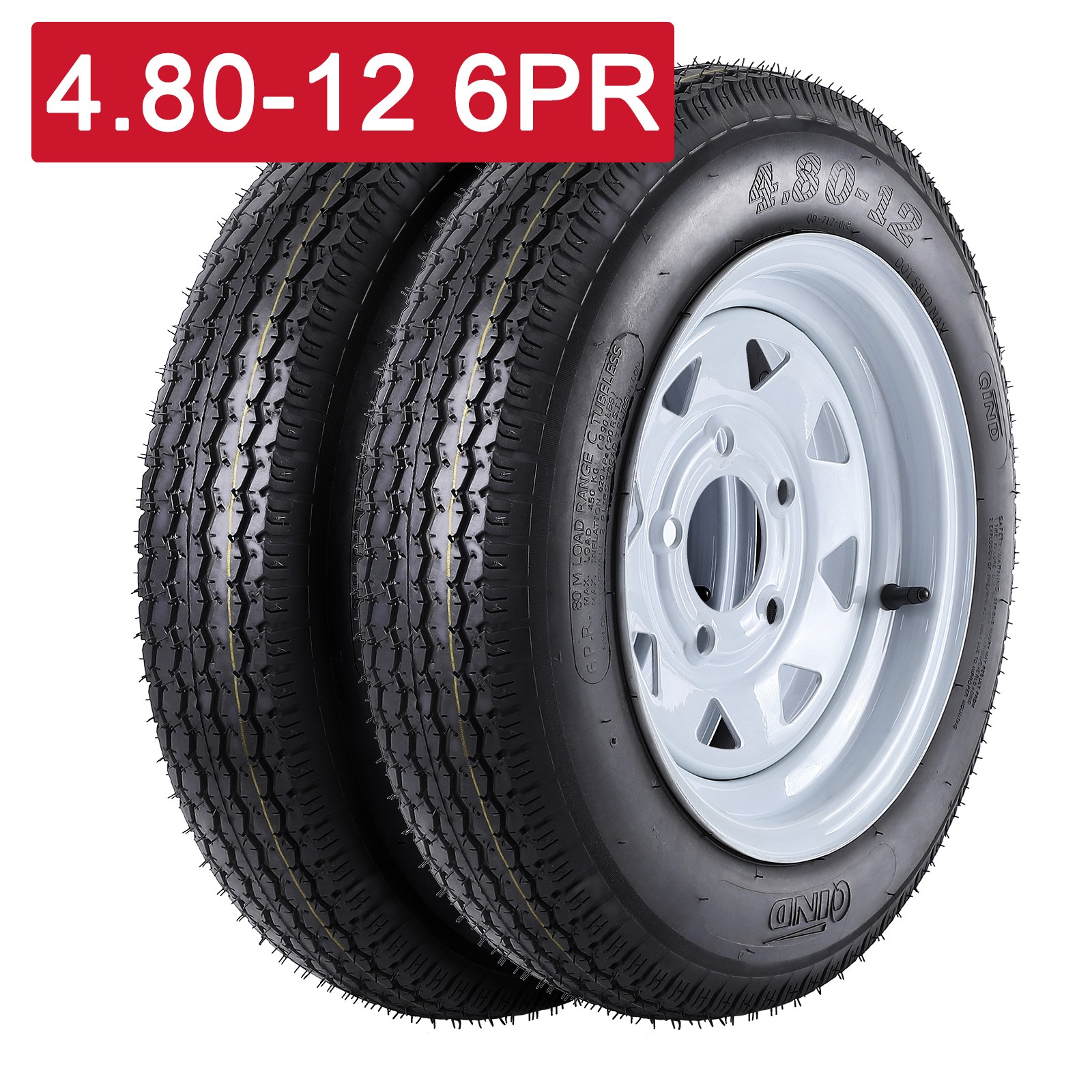 2 Pack 480-12 4.80×12 4.80-12 6PR Trailer Tires with 12” Rims 5 Lug on 4.5”