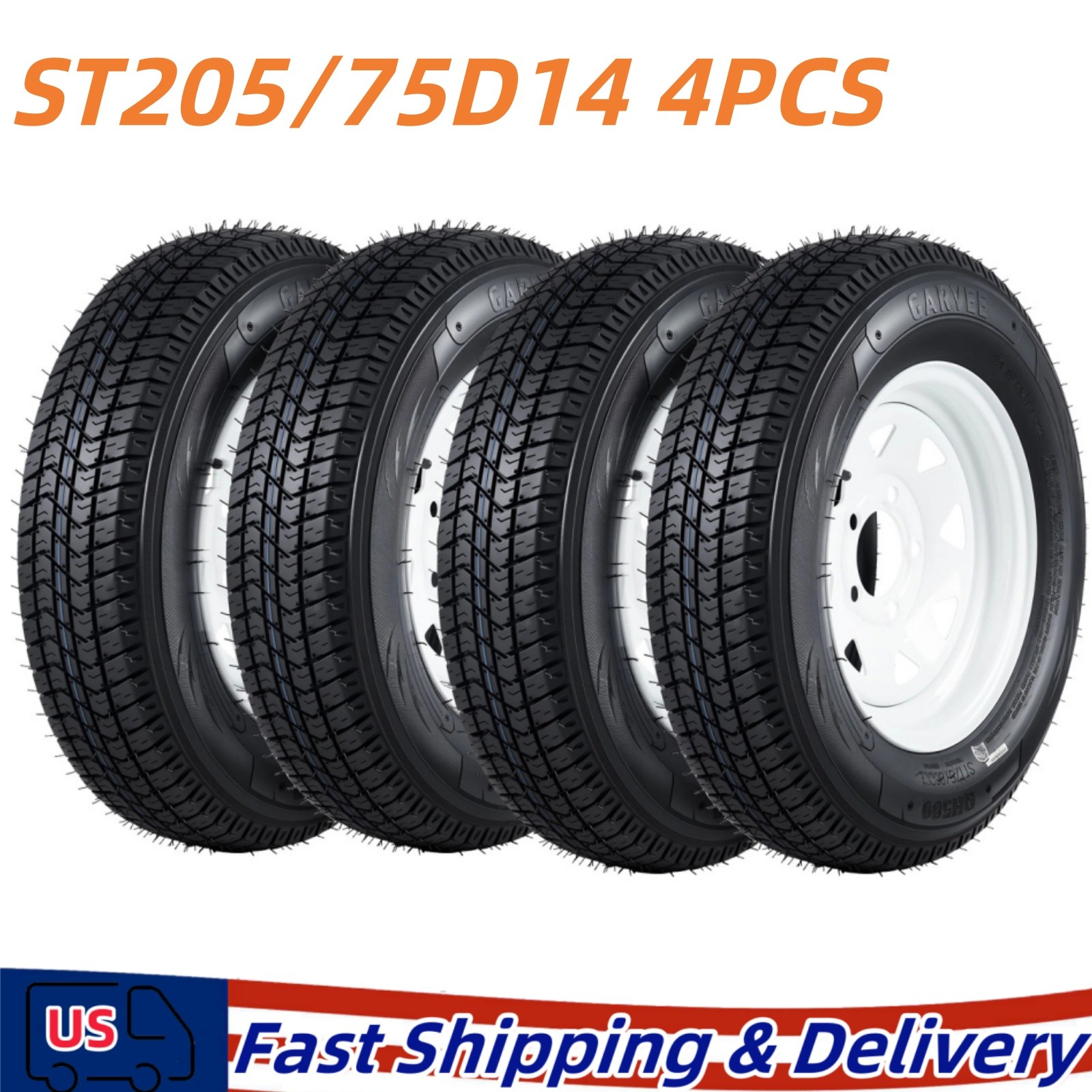 4x Trailer Tire On Rim ST205/75D14 205/75/14 14 in. LRC 5 Hole White Spoke Wheel