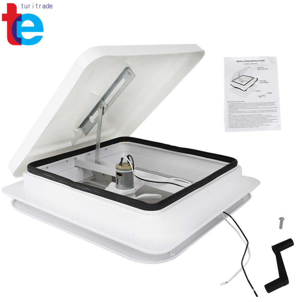 14″ RV Trailer Roof Vent Complete 12V Fan w/ Tape White Lid Interior Garnish
