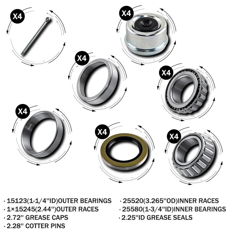 (4) Trailer Wheel Bearings Kits 25580 15123 10-36 for 6000/7000# Axle