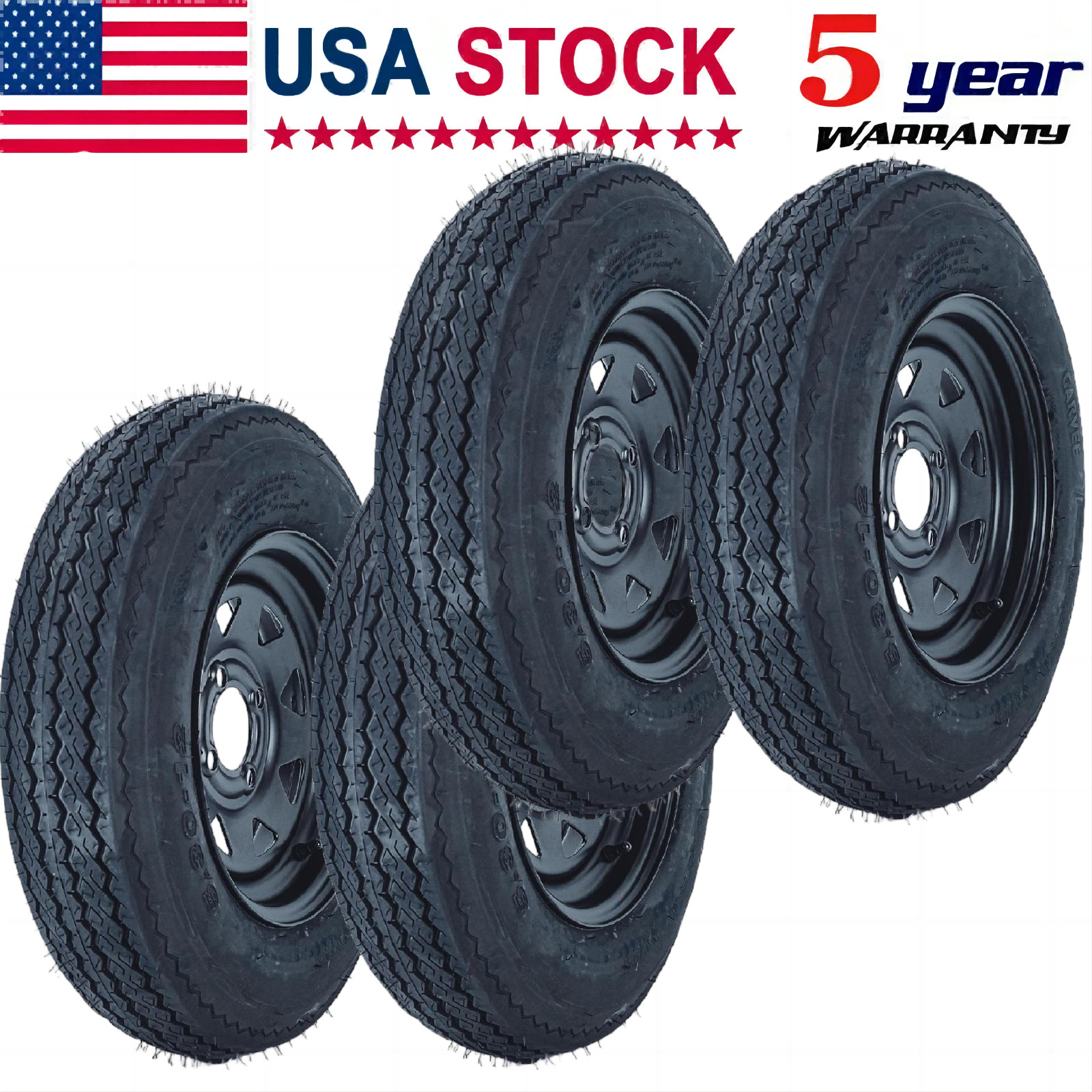 4pcs 5.30-12 530-12 Trailer Tire On Rims 4 Lug Black Wheels Tires 6PR w/ 12″ Rim