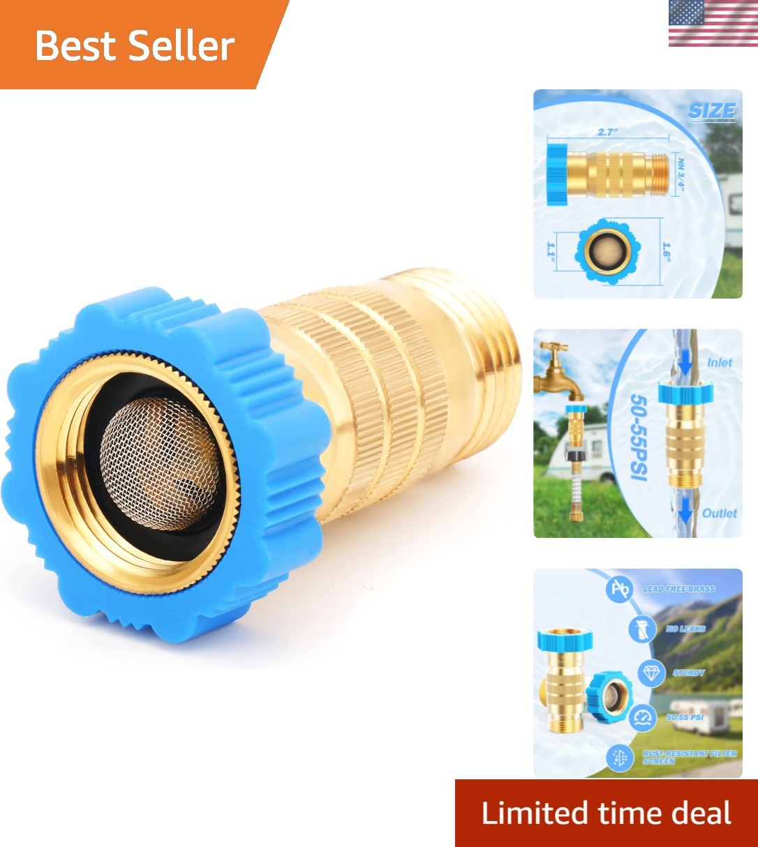 Universal 3/4 Inch Water Pressure Reducer Valve for RV Plumbing Systems