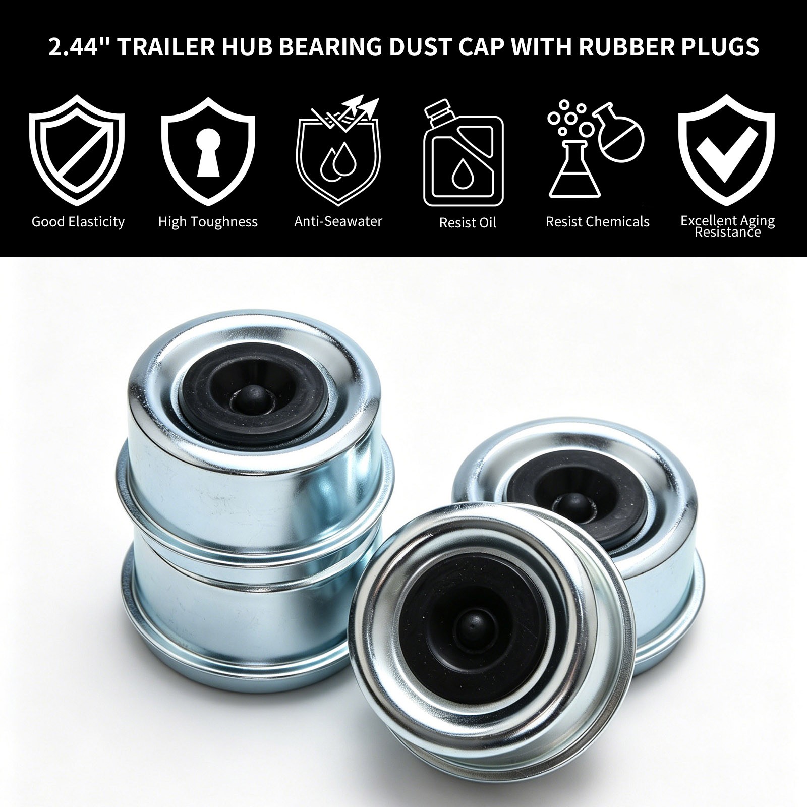 4Pcs 2.44″ For Dexter Dust Cap Heavy Duty Iron Hub Cap w/ Rubber Plug & Spare