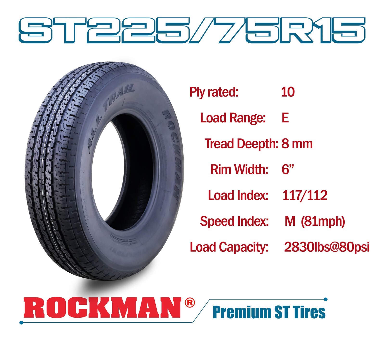 4 ST 225/75R15 Trailer Tire ROCKMAN 10-Ply LR E 117M Steel Belted Radial 11168