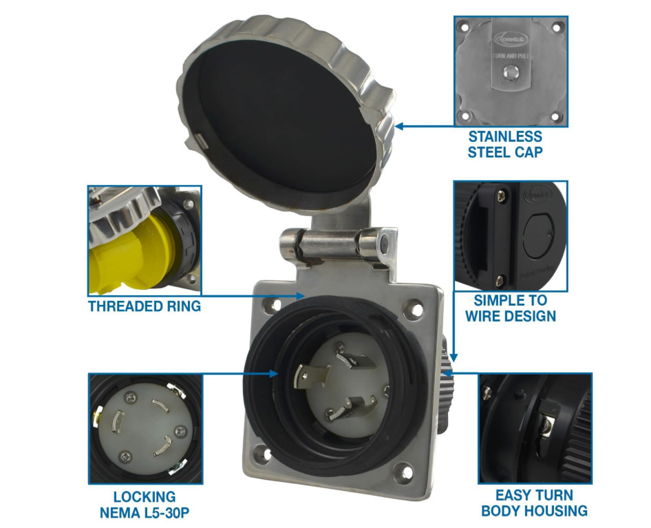 Conntek 30 Amp 125 Volt RV Marine Power Inlet – Stainless Steel