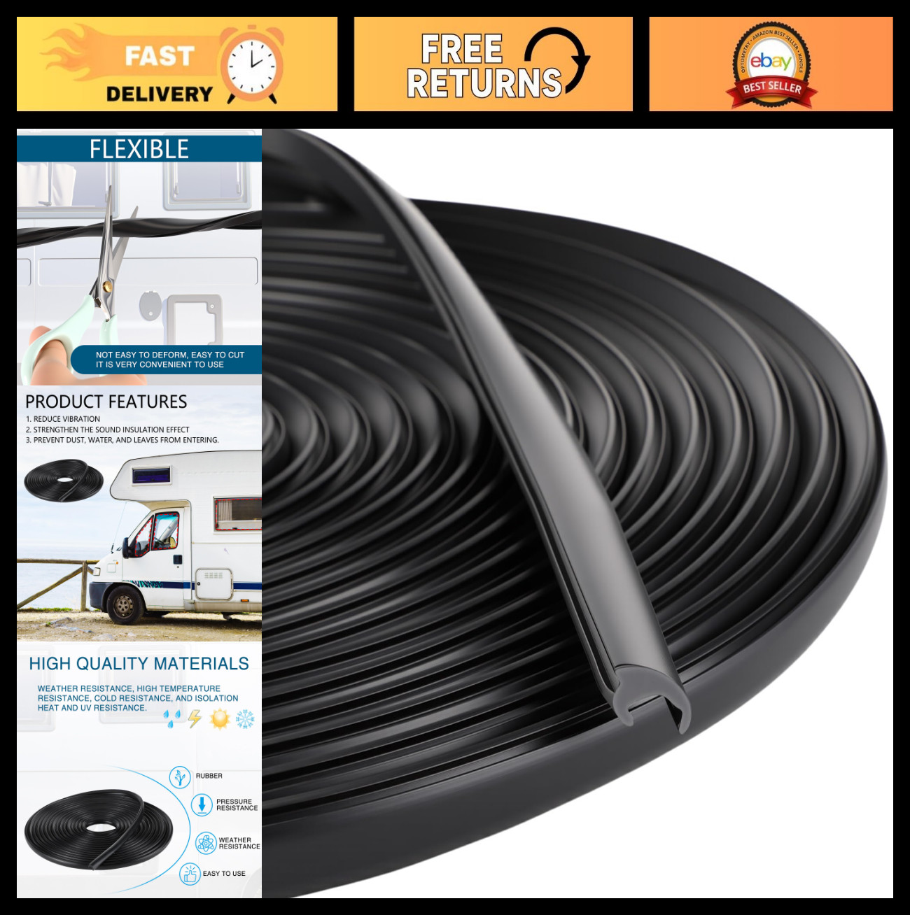 40ft Rubber Waterproof RV Window Seal Strip, 5/16 x 9/16 Inch Weather Stripping