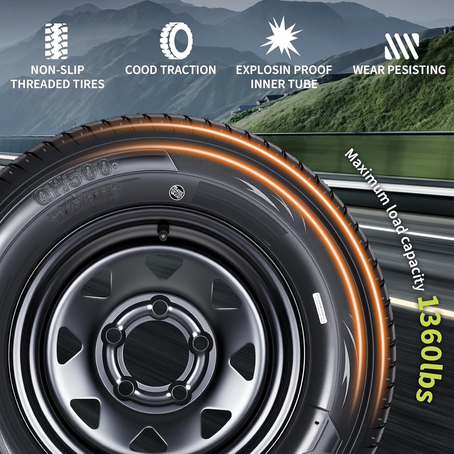 2PCS ST175/80D13 Trailer Tires with Rims 175/80 D 13 LRC 5 Lug on 4.5″ 6PR Tires