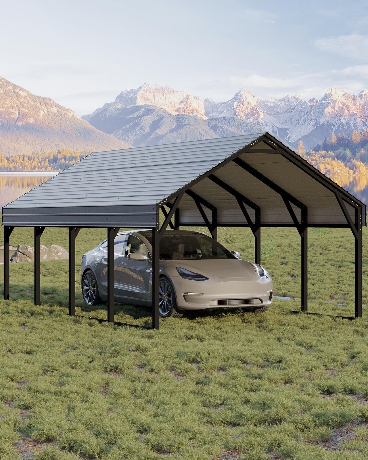 Garvee 12x20ft Heavy Duty Carport Enclosed Steel Gable Doors Truck Boat Track