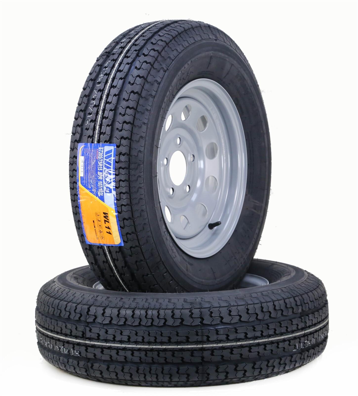 WINDA Trailer Tire Rim ST205/75R15 8-Ply D 107L 5 Lug x 5″ Silver Mod,SET 2