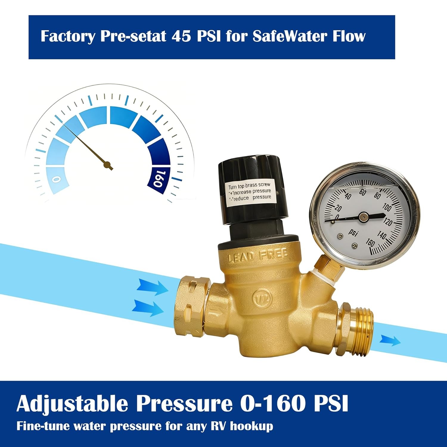 Adjustable HandleBrassWaterPressure Regulator,with Gauge Inlet Screened Filter