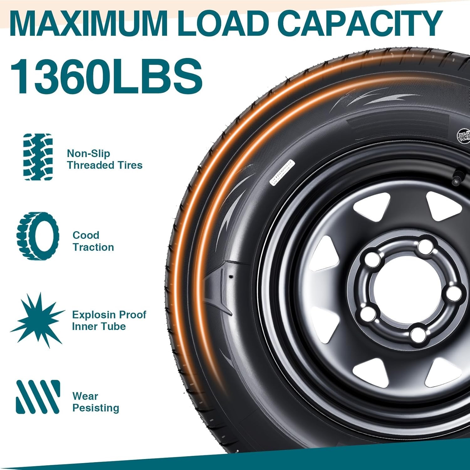 2-Pack ST175/80D13 Trailer Tires with Rims, 5 Lug on 4.5″ Bolt Pattern, 6PR Load