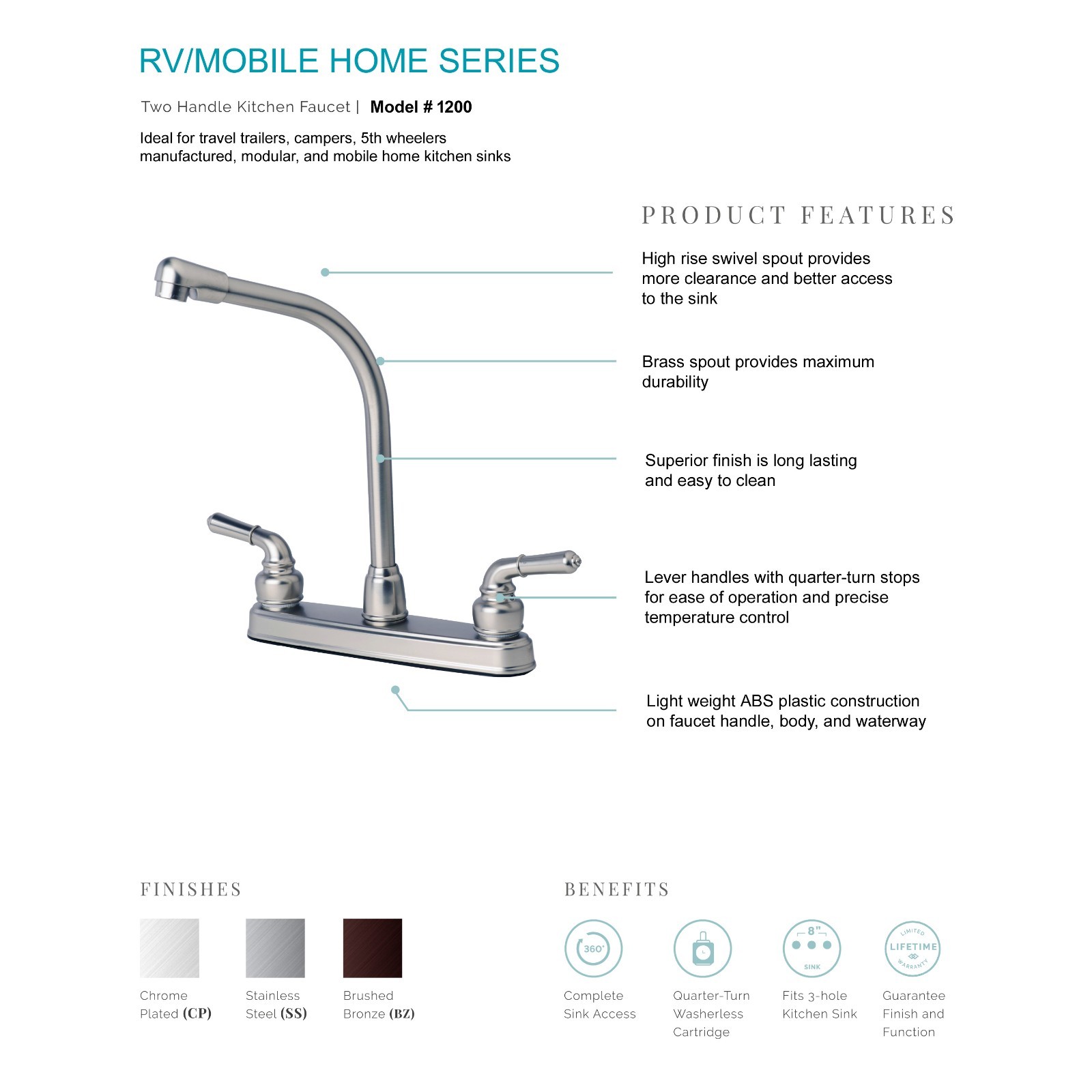 RV Classic Two Handle High Rise Swivel Kitchen Faucet Brushed Bronze Finish