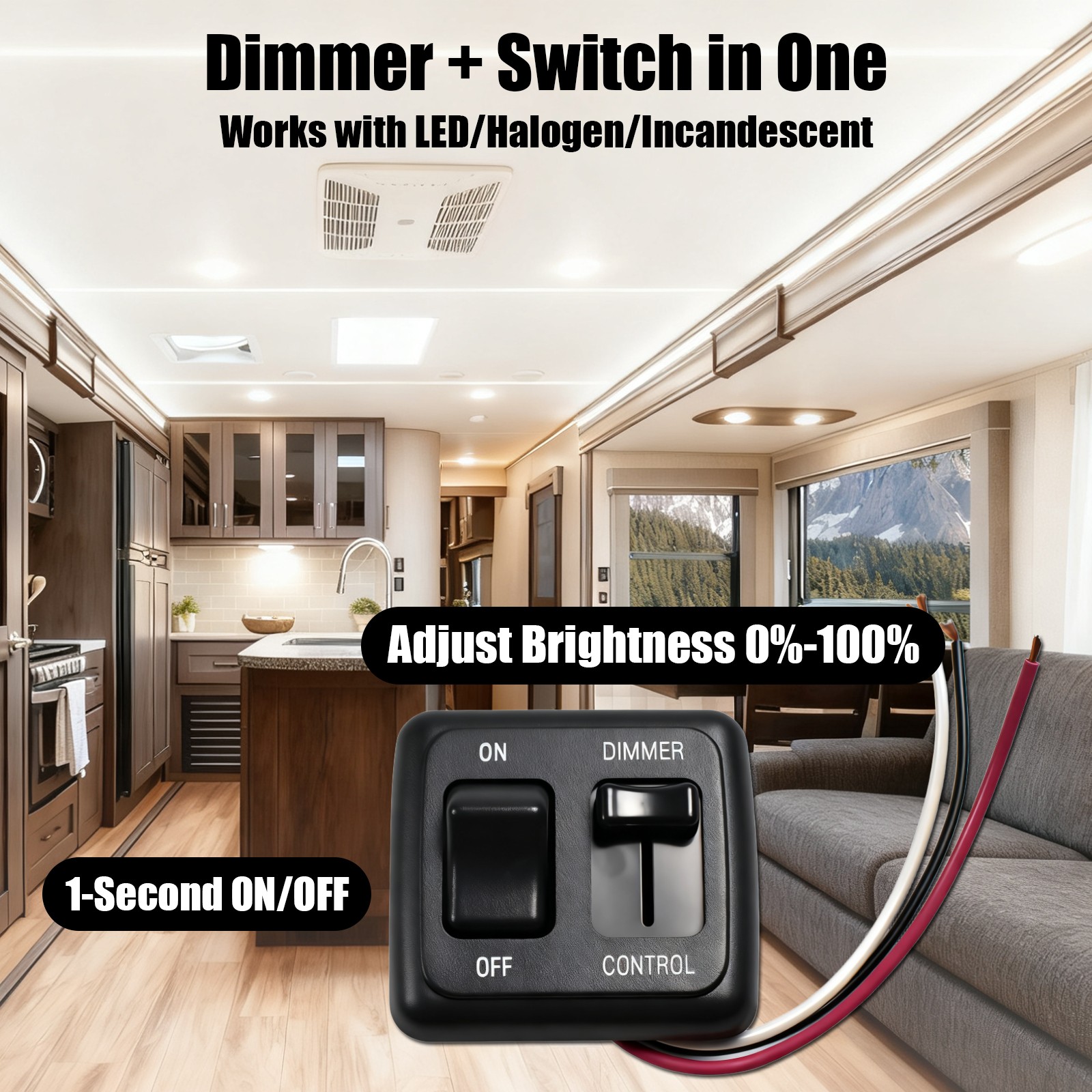 RV LED Dimmer Switch 12V DC Black Dimming Switch For Trailer Motorhome Lighting