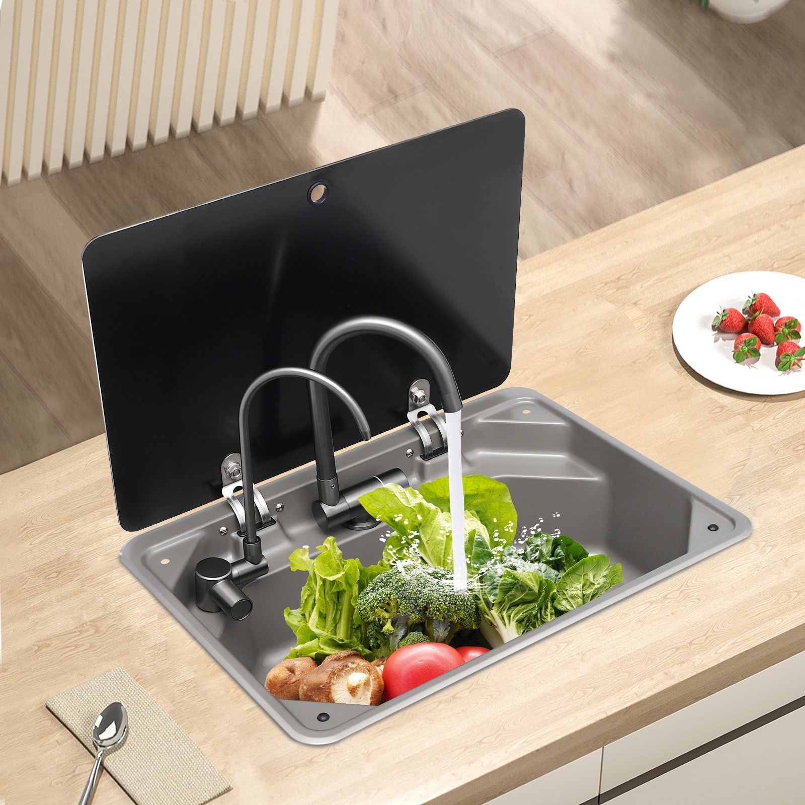 RV Sink Kitchen Sink with Hot&Cold Faucet and Tempered Glass Lid Stainless Steel