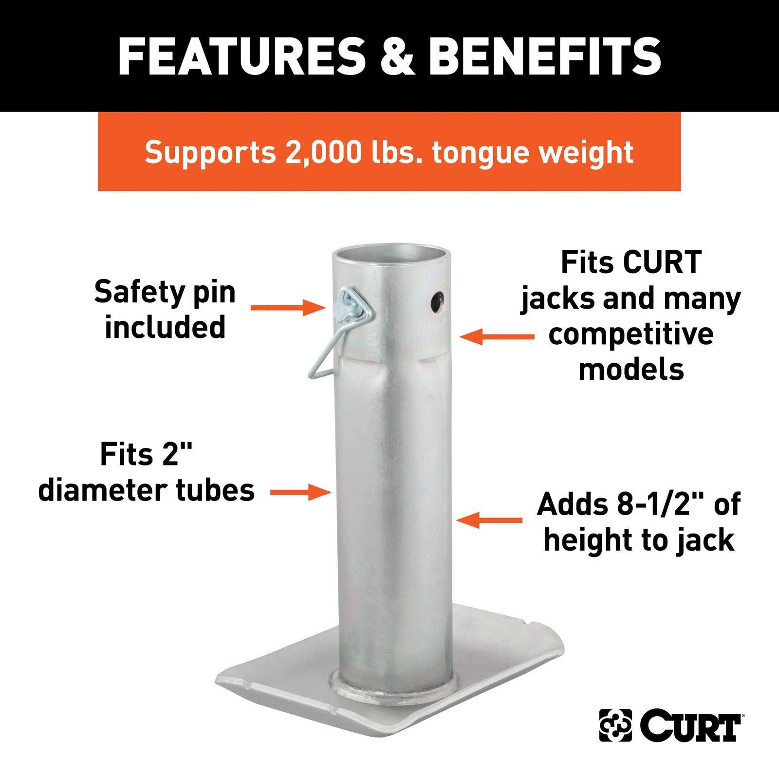 Curt-Pin-On Trailer Jack Foot (Fits 2″ Tube, 2,000 lbs, 8-1/2″ Height, Packaged)