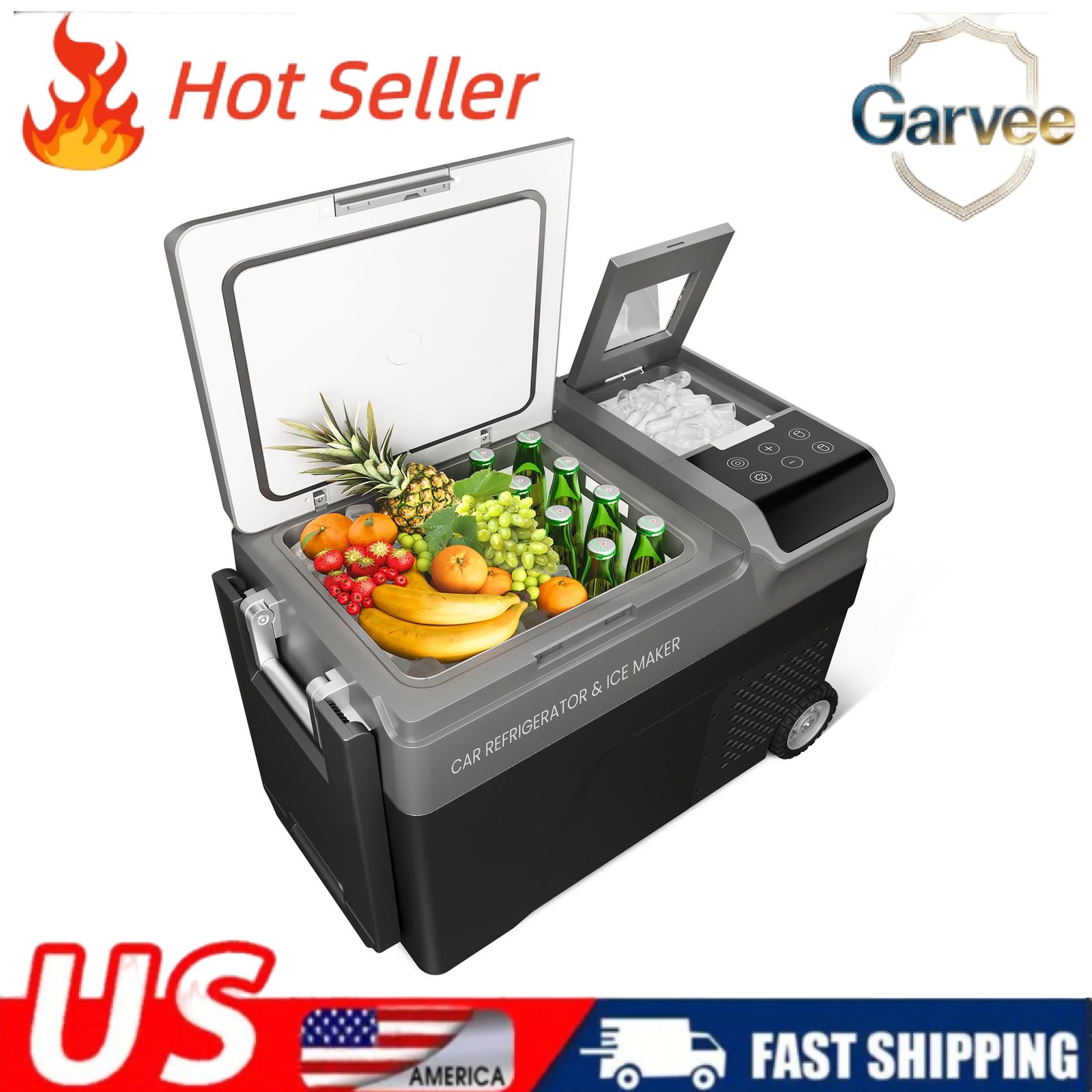Portable Car Freezer 40QT Ice Maker, 12V, -4~68℉, AC/DC Charger, Wheels, Camping