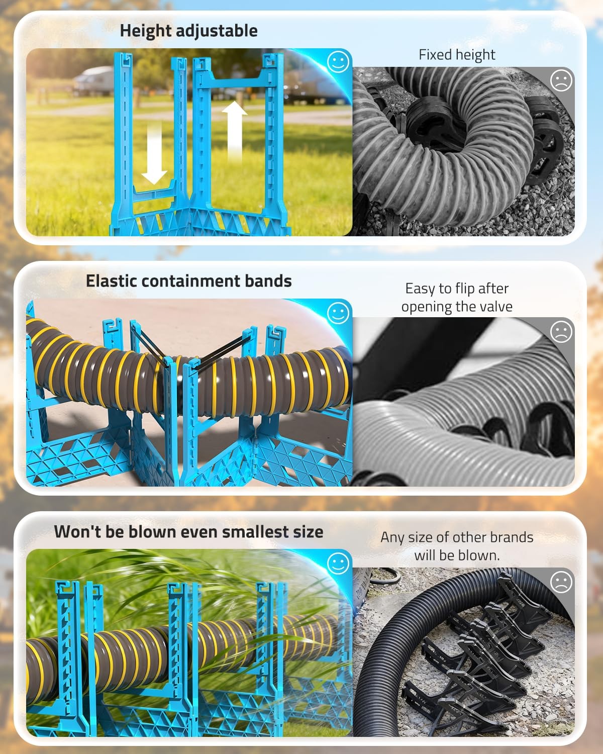 PAULINN 10ft RV Sewer Hose Support Height Adjustable Deep Cradles w/ Strap
