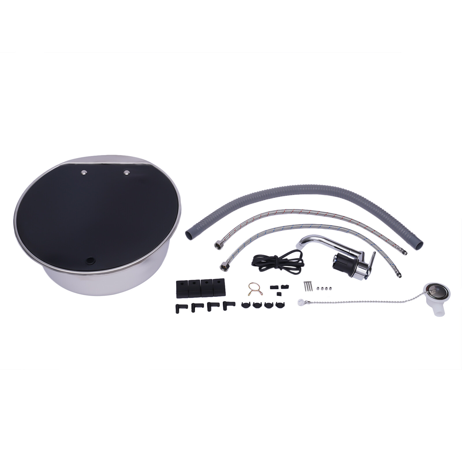 RV Caravan Camper Sink Stainless Steel Hand Wash Basin Sink w/Glass Lid & Faucet