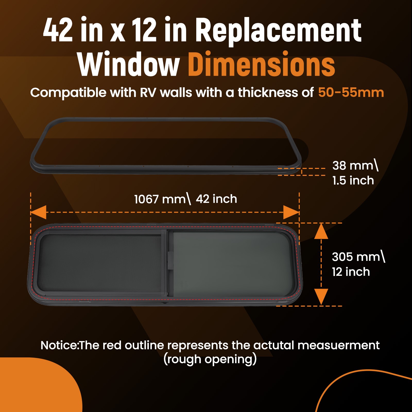 42″ W x 12″ H RV Window Horizontal for RV/Camper/Trailer/Food Truck