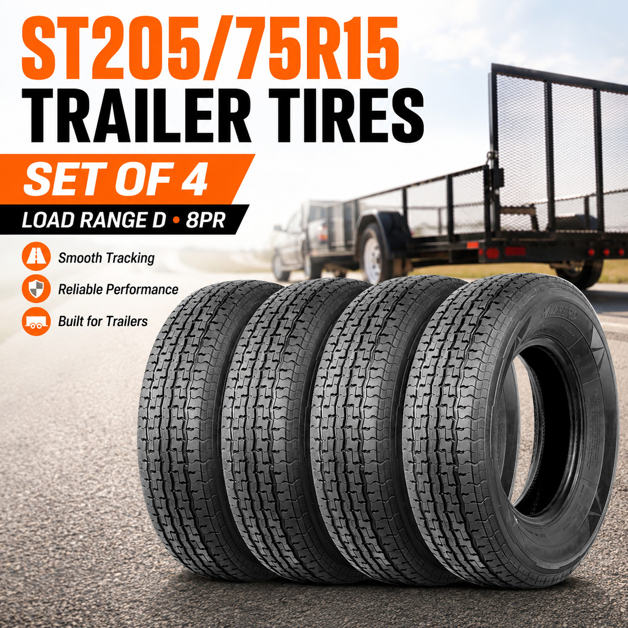 ST205/75R15 Trailer Tires Set of 4 8PR Radial Load Range D 205 75 15 Tubeless