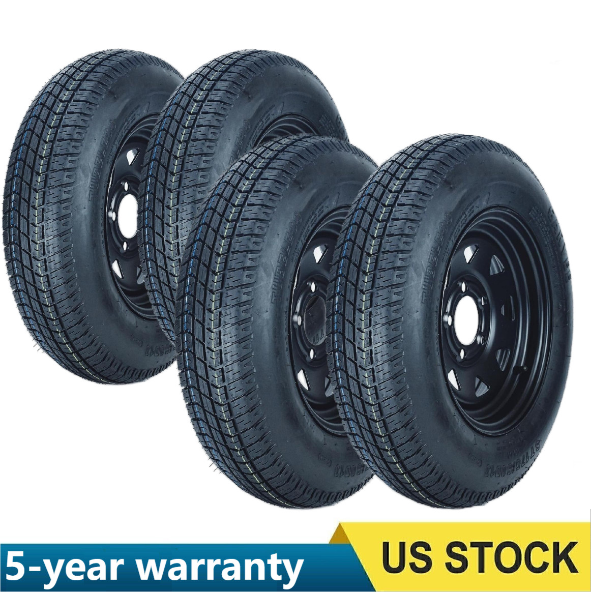 4 Pack ST205/75D15 Trailer Tires with 15″ Rims 5 Lug 6 Ply Load Range C Black