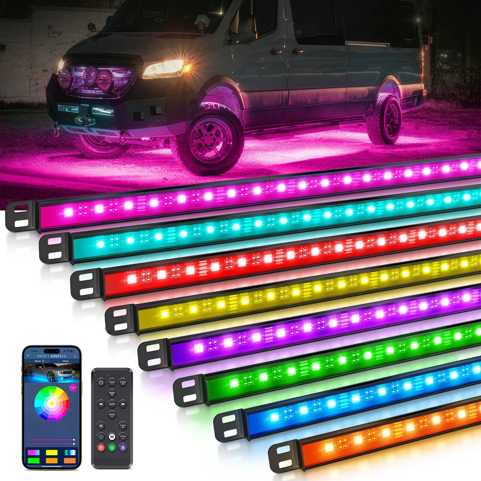 8PCS RGBW Aluminum Car Underglow Kit with APP Control, Waterproof Ground LED Bar