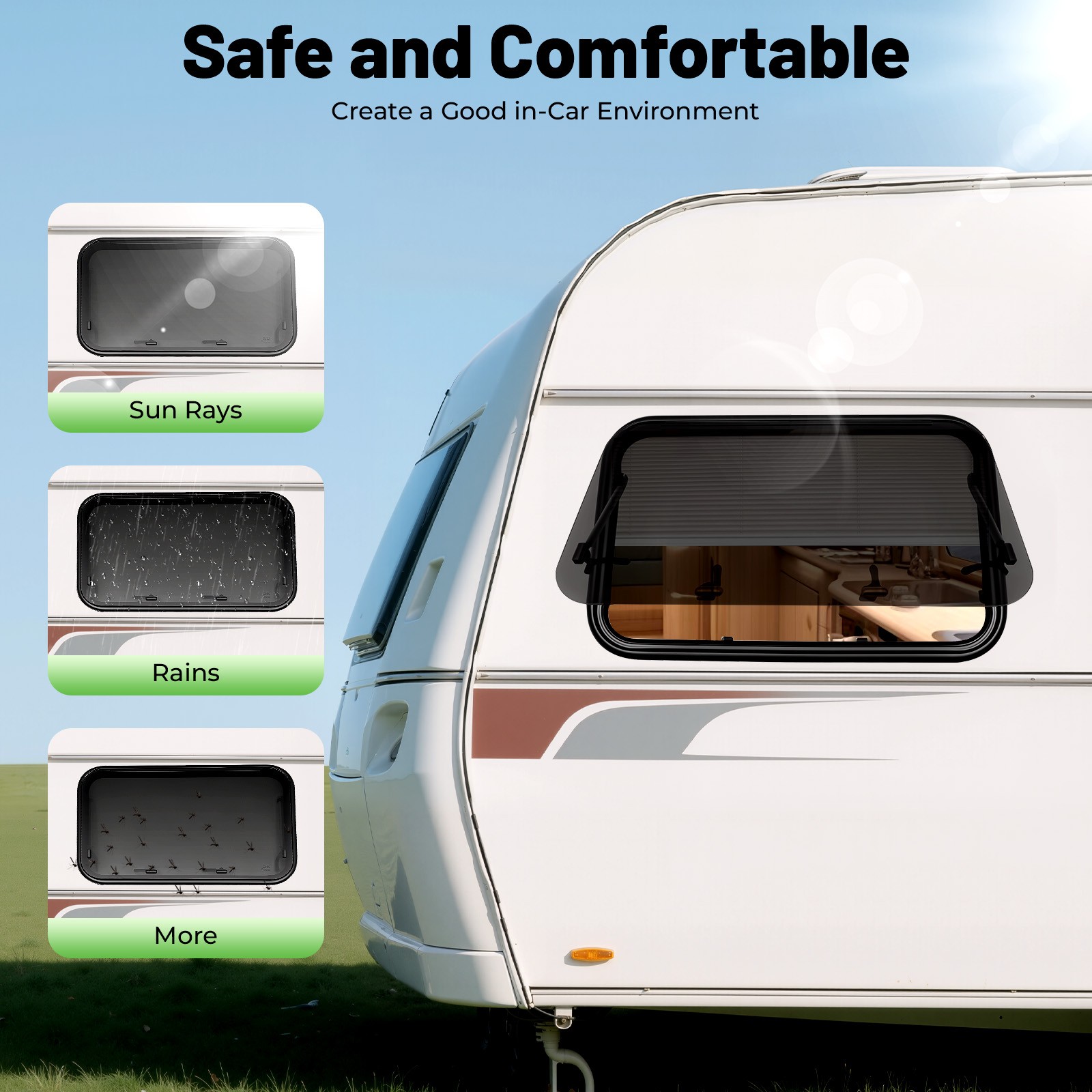 RV Caravan Camper Top-Hinge Push-Out Window 900mm x 550mm 30mm with Blind Screen