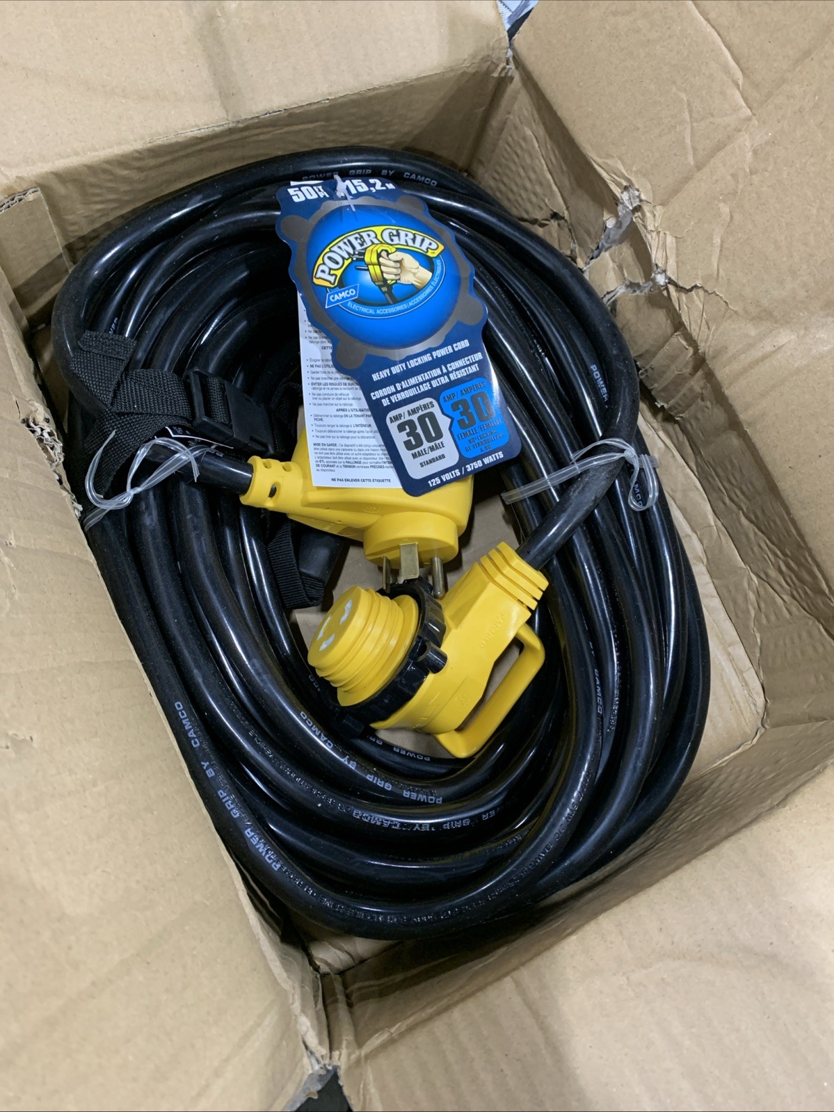 Power Grip 50′ Ext Cord 30 AMP Heavy Duty 90• Locking (Camco# 55525) Damaged Box