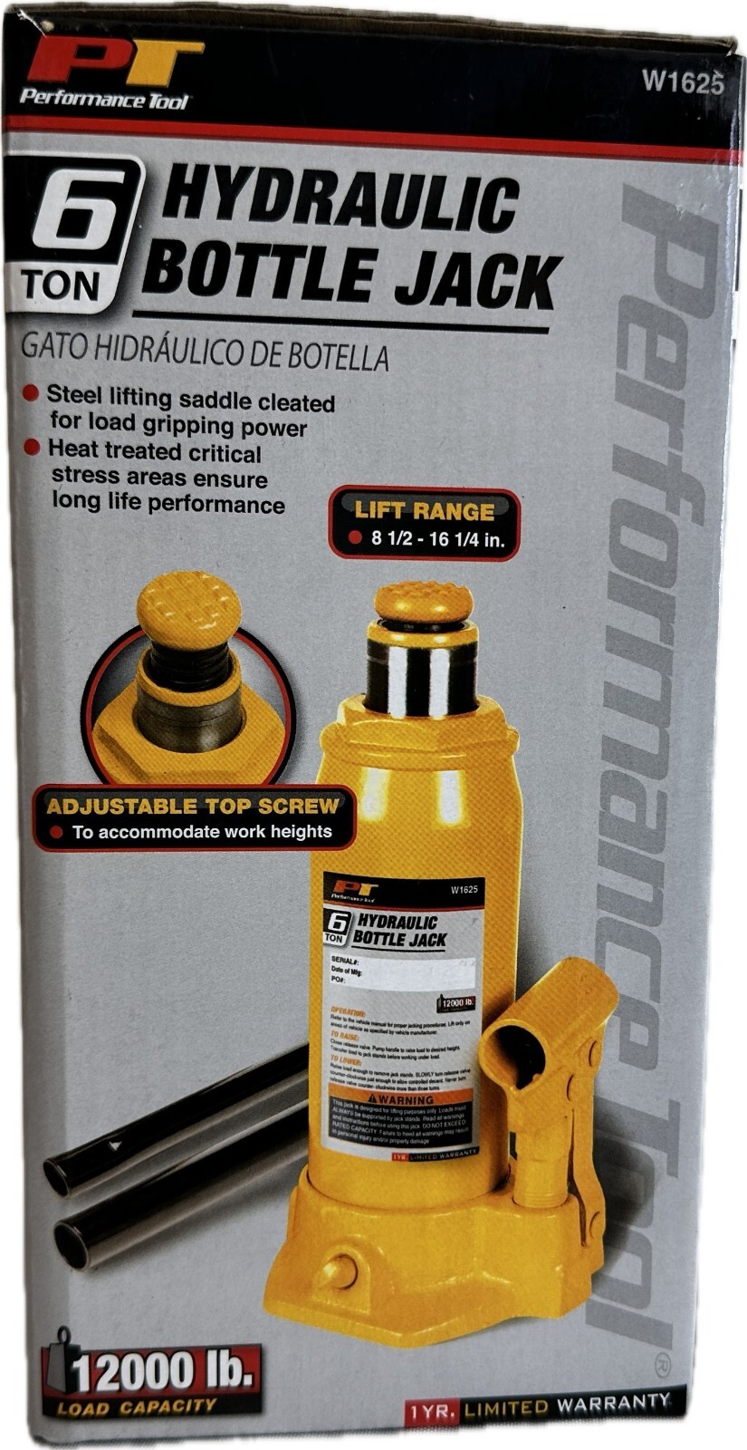 Performance Tool Hydraulic Bottle Jack W1625 6 Ton (New in Box/Unused)