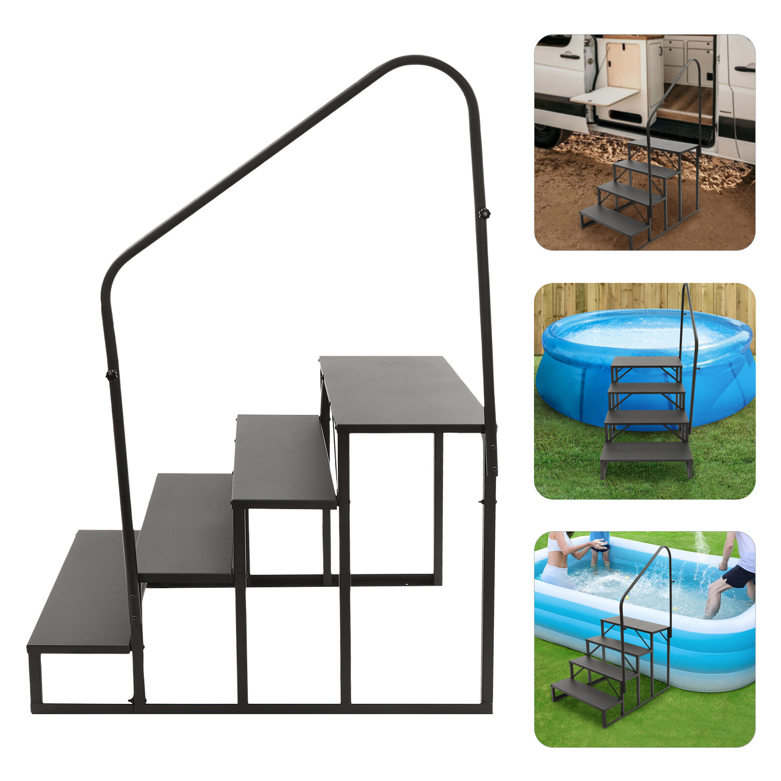 4 Steps Ladder RV Step w/ Handrails Mobile Home Stairs for Travel Trailer Camper