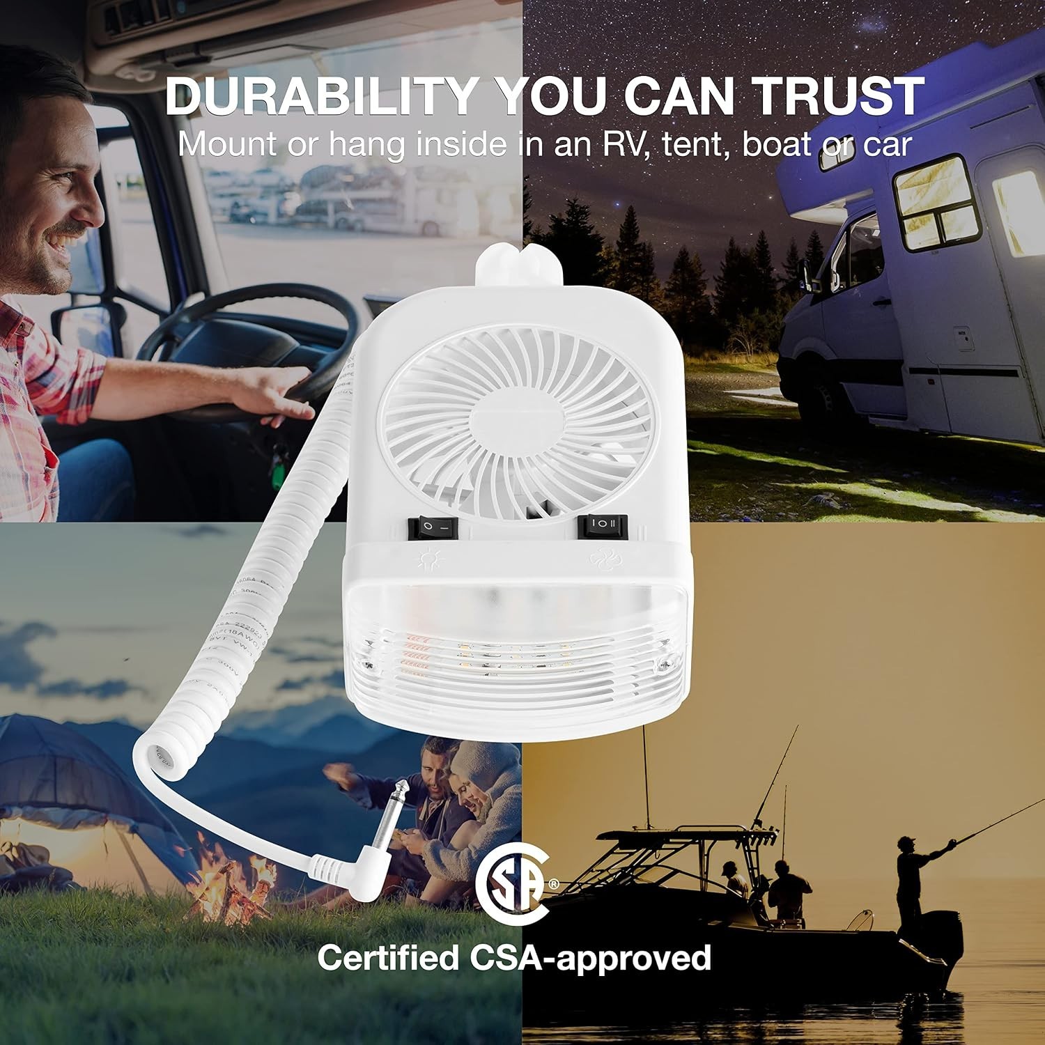 Multi-Purpose 12V LED Light & Fan with Durable Construction for RVs and Tents