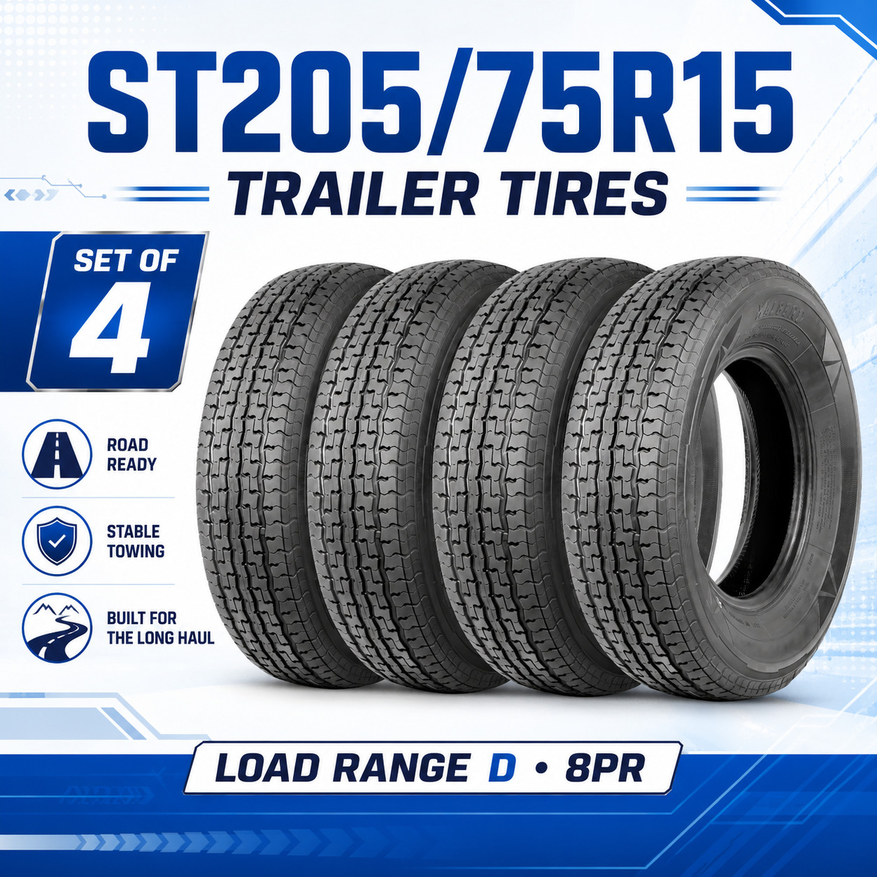 4PCS ST205/75R15 Boat Trailer Tires 8PR Radial Load Range D 205 75 15 All Season