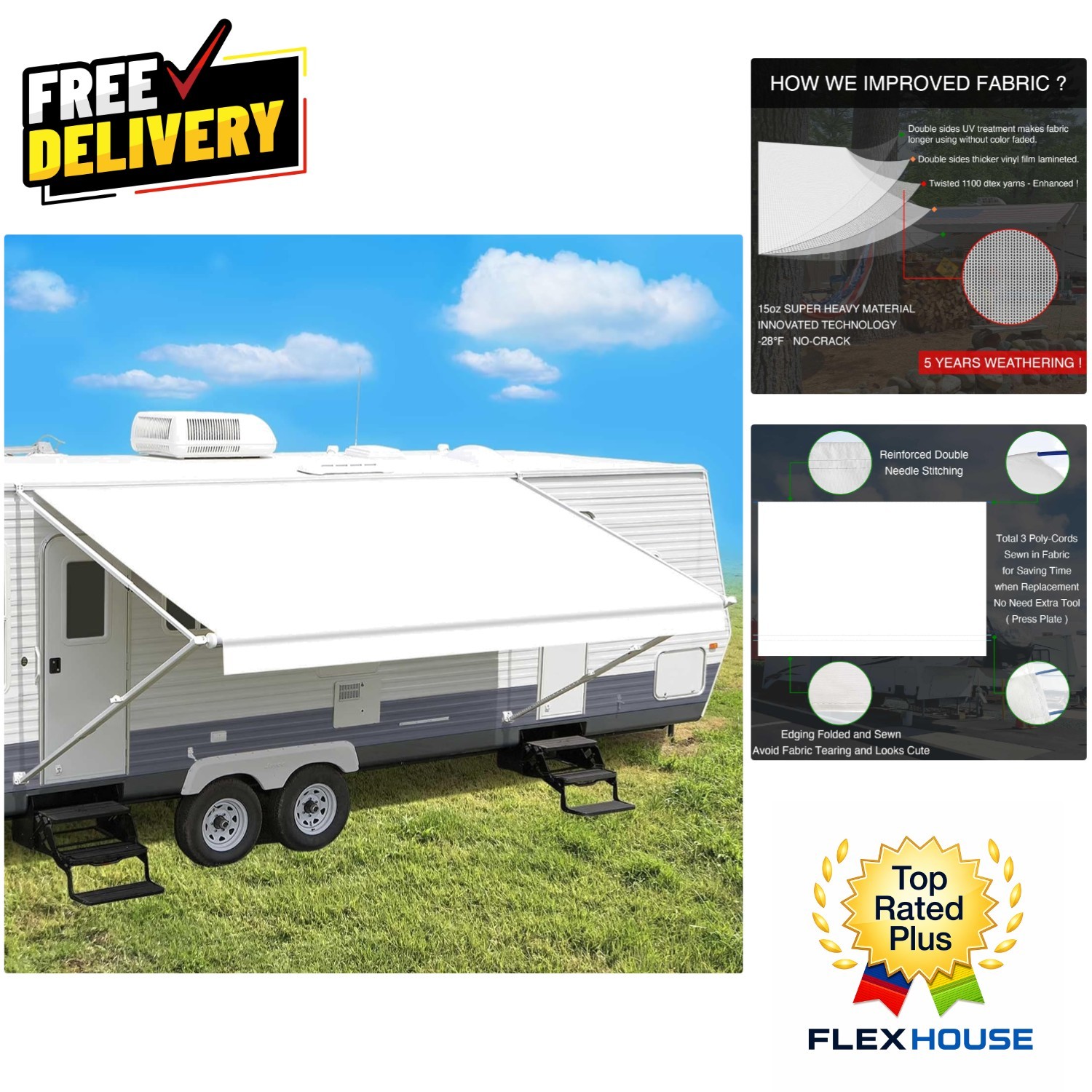 White RV Awning Fabric Replacement – Fits 16′ Awnings, Stylish & Strong