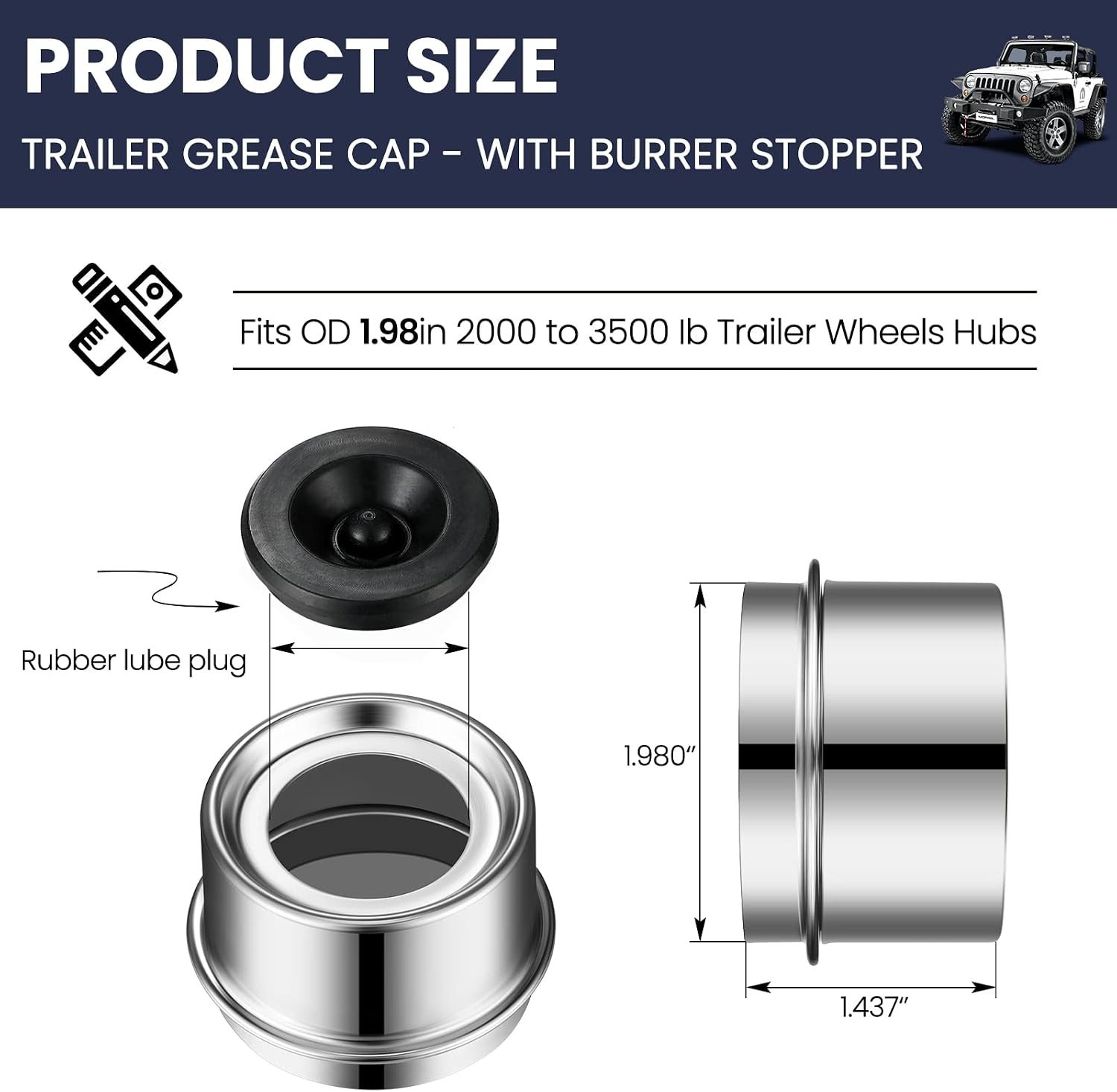 1.98 Inch Snap-On Trailer Grease Caps – 8 Durable Covers with Rubber Plugs