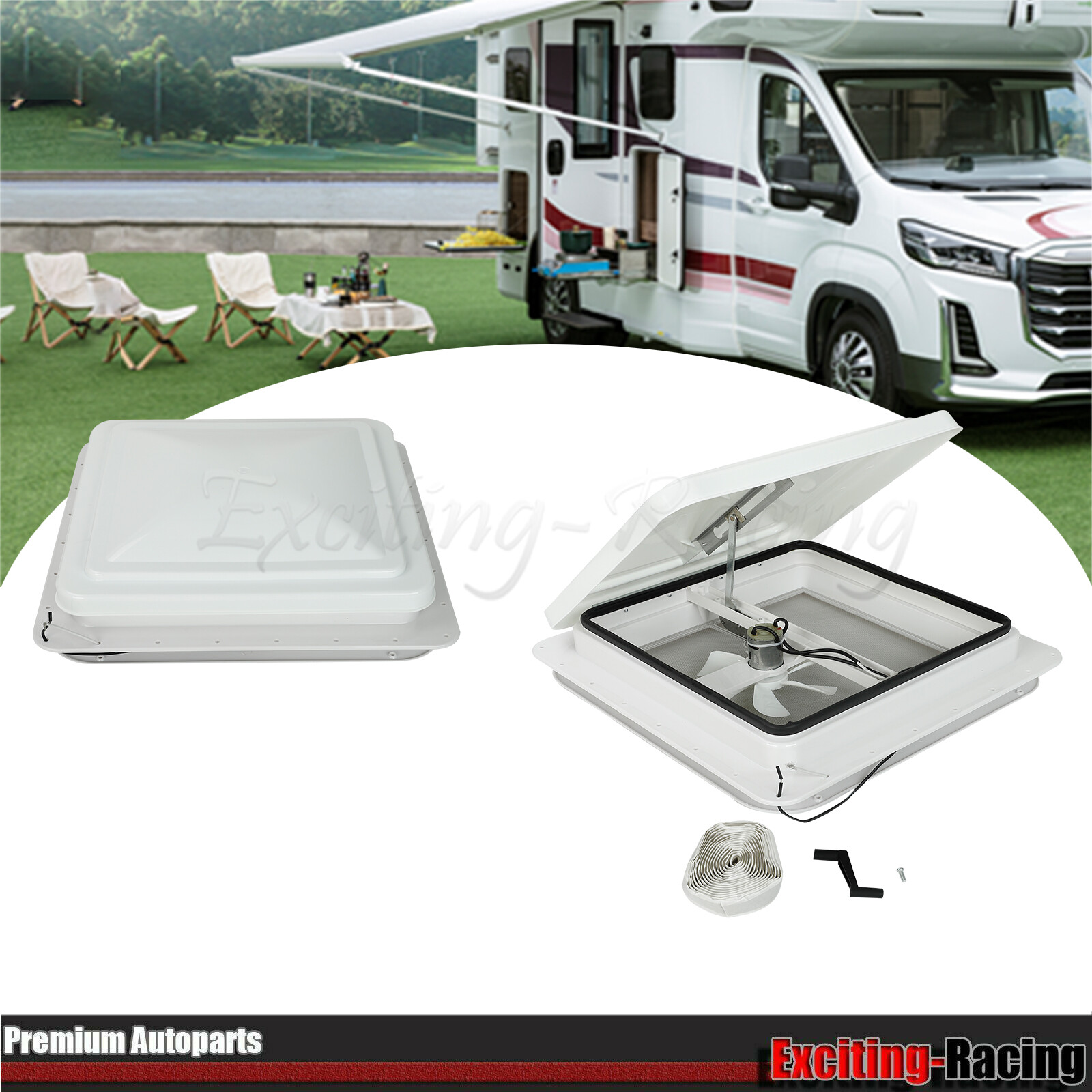 14″ RV Roof Vent Fan Kit for Camper Trailer Universal White Lid Interior Garnish