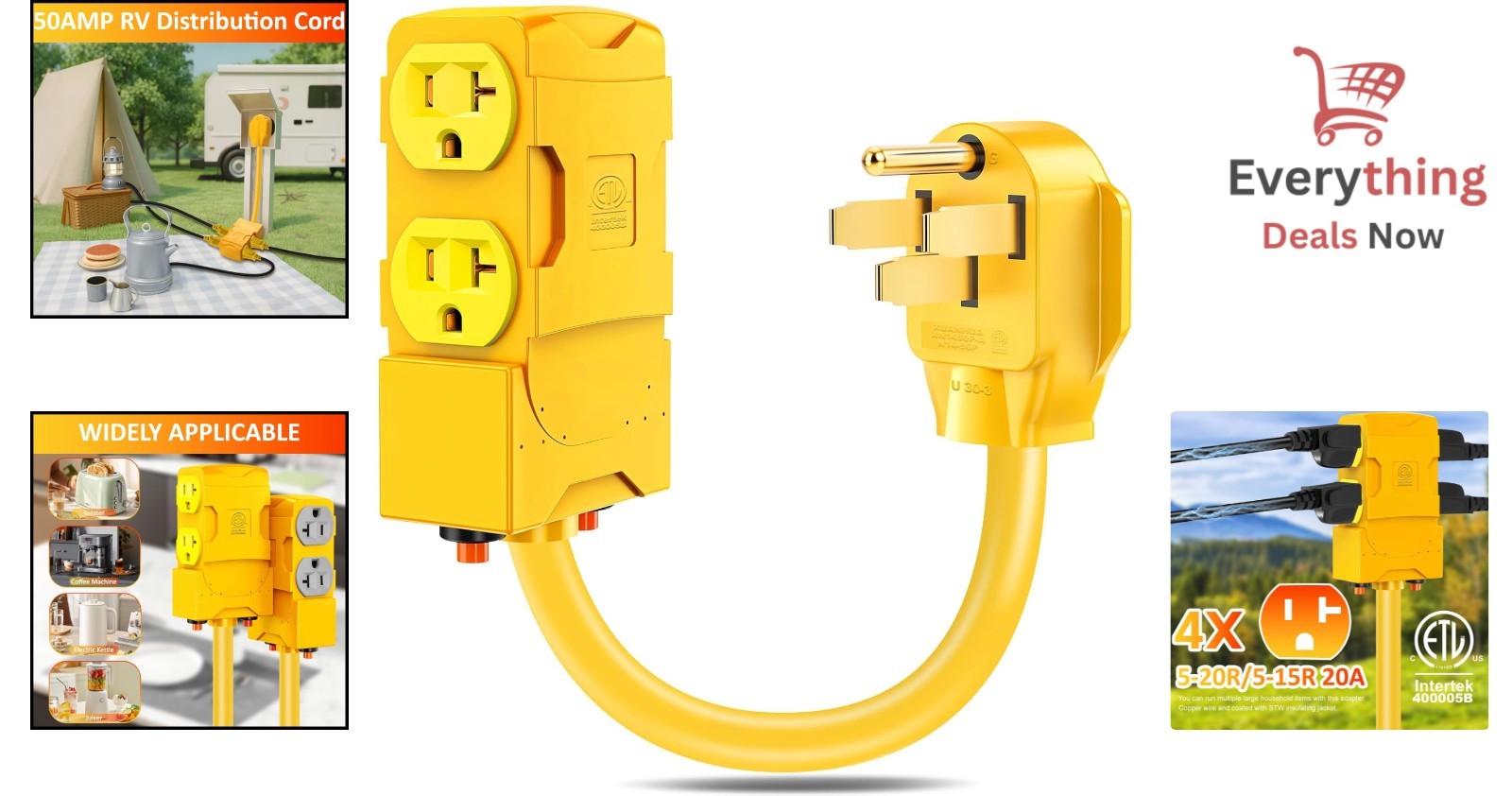 50A to 20A RV Power Adapter Cord NEMA 14-50P to 4 Sockets 5-20R Circuit Breaker