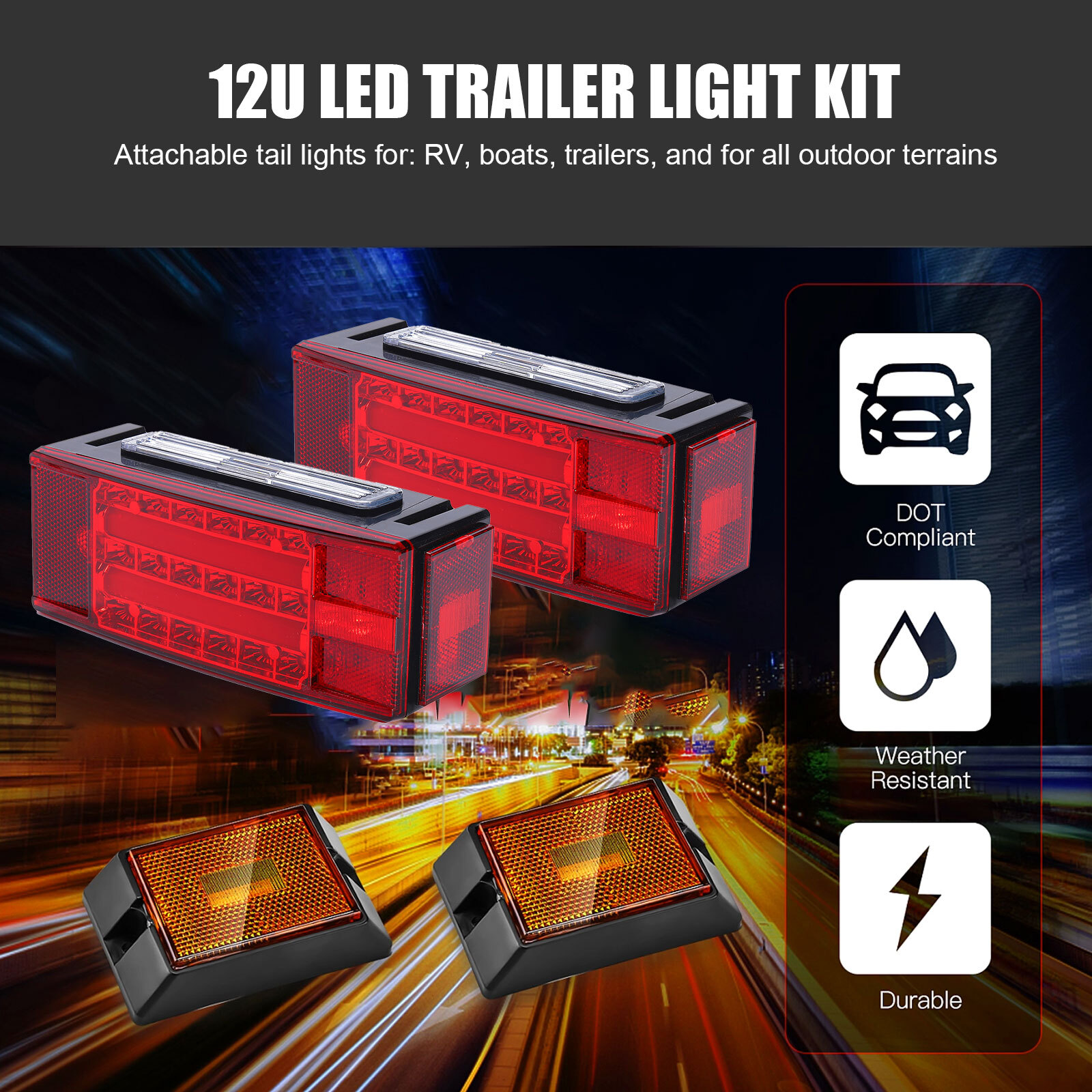 Rectangle Left Right LED Submersible Trailer Boat Stud Stop Turn Tail Lights Kit