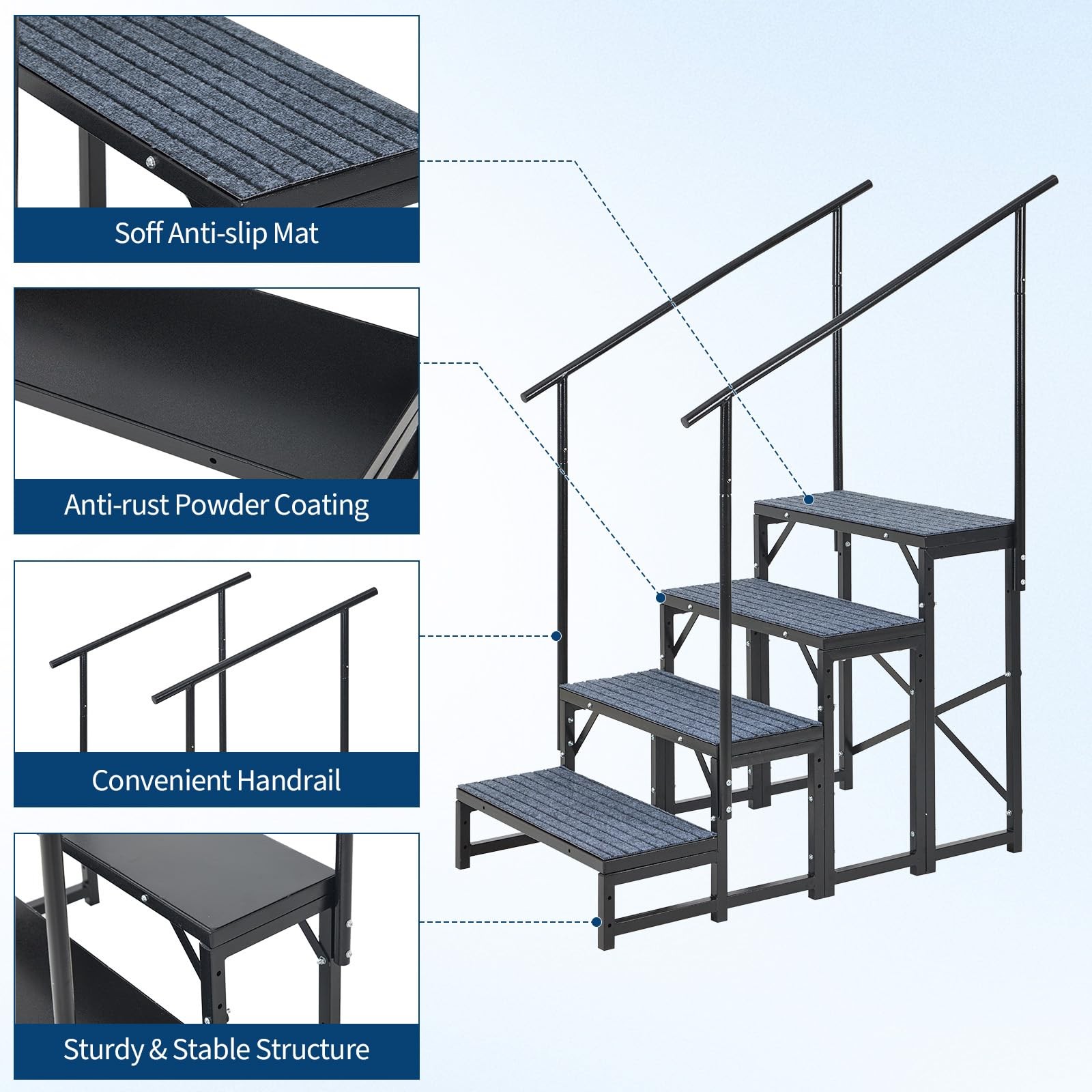 RV 4 Steps With Handrail Mobile Home Ladder Portable Stairs for RV,Hot Tub,Porch
