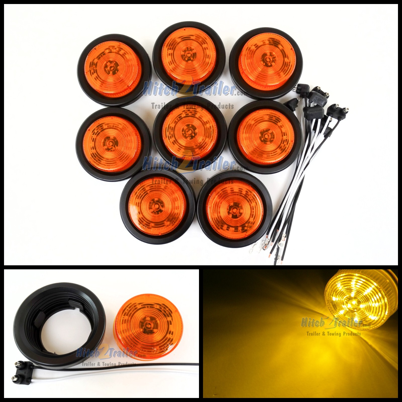 (8) AMBER 12 LED Light Trailer 2-1/2″ round,w/plug,Grommet Clearance marker 2.5″
