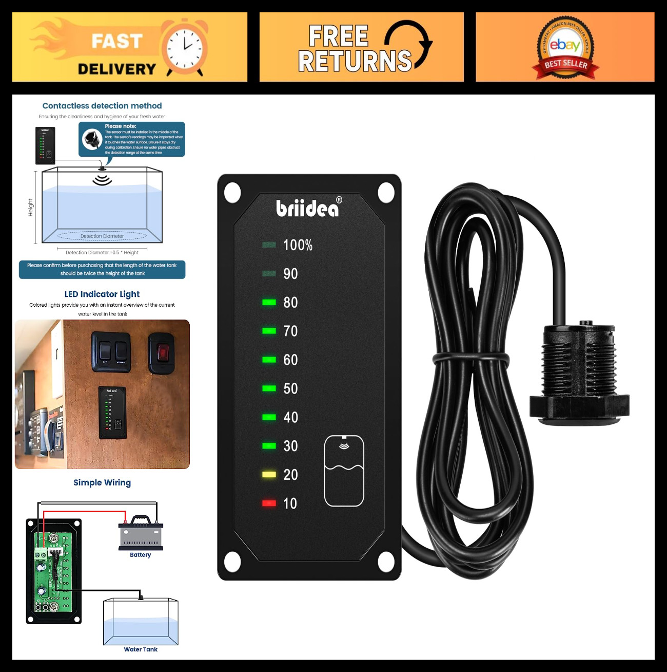 RV Water Tank Level Monitor Panel with LED Indicator – 7-32V DC, Ideal for Motor