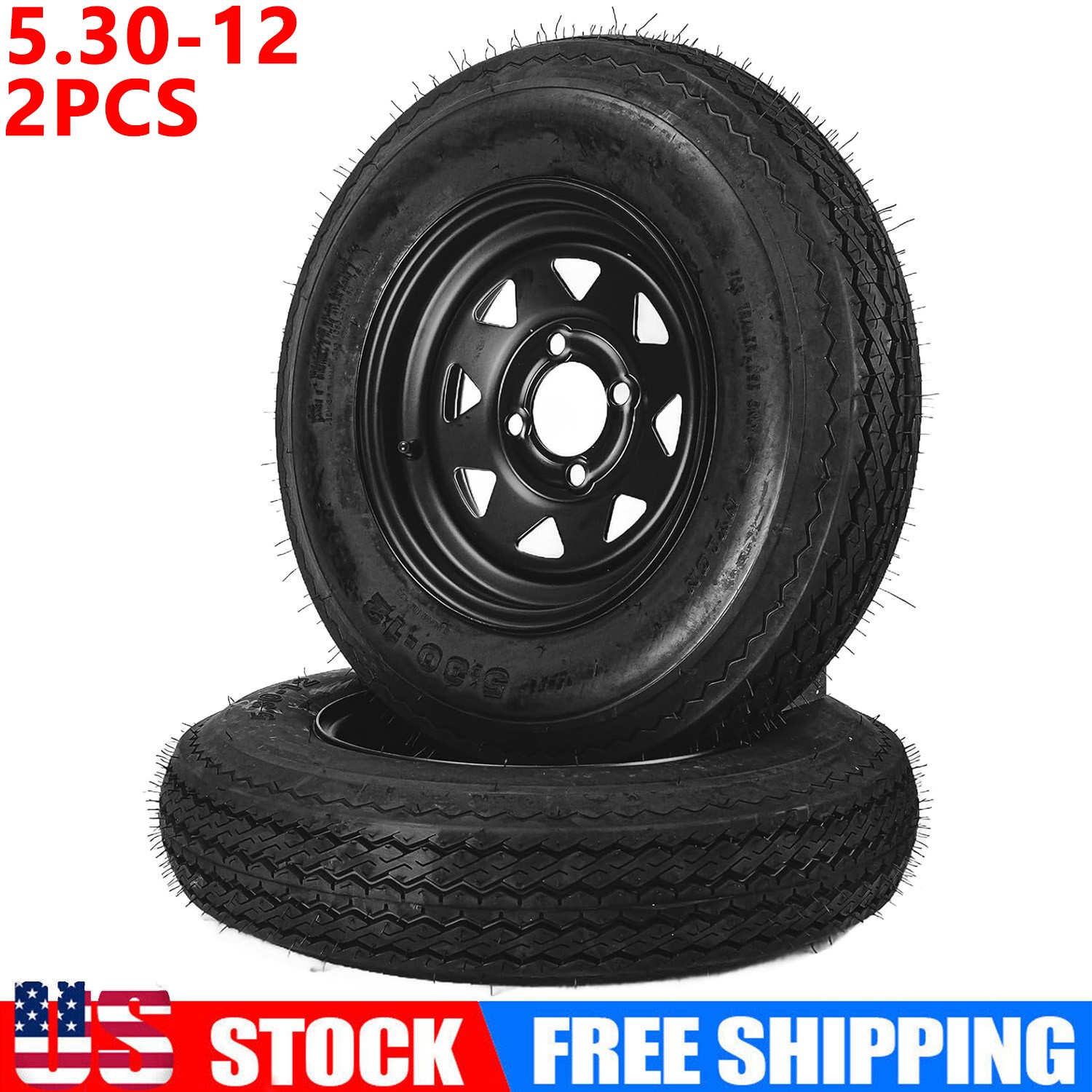 Set of 2 5.30-12 Trailer Tires with Rims 5.30×12 5.3-12 530-12, 4 Lug on 4″, 6PR