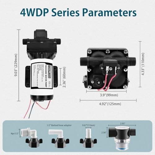 WASSERMANN RV Water Pump 12V DC, Self Priming Diaphragm 5.0 GPM 55 Plastic