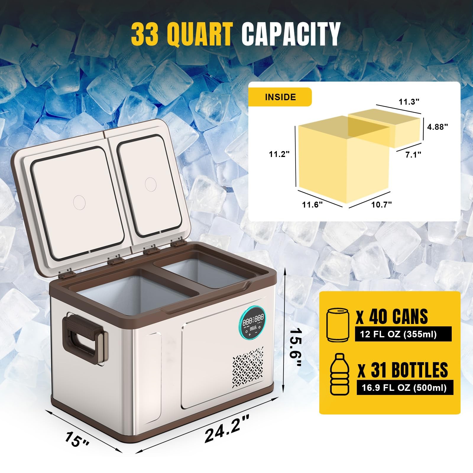 Portable Car Refrigerator 33Quart,12/24V DC 110~240 Volt AC Refrigerator,-4℉-68℉