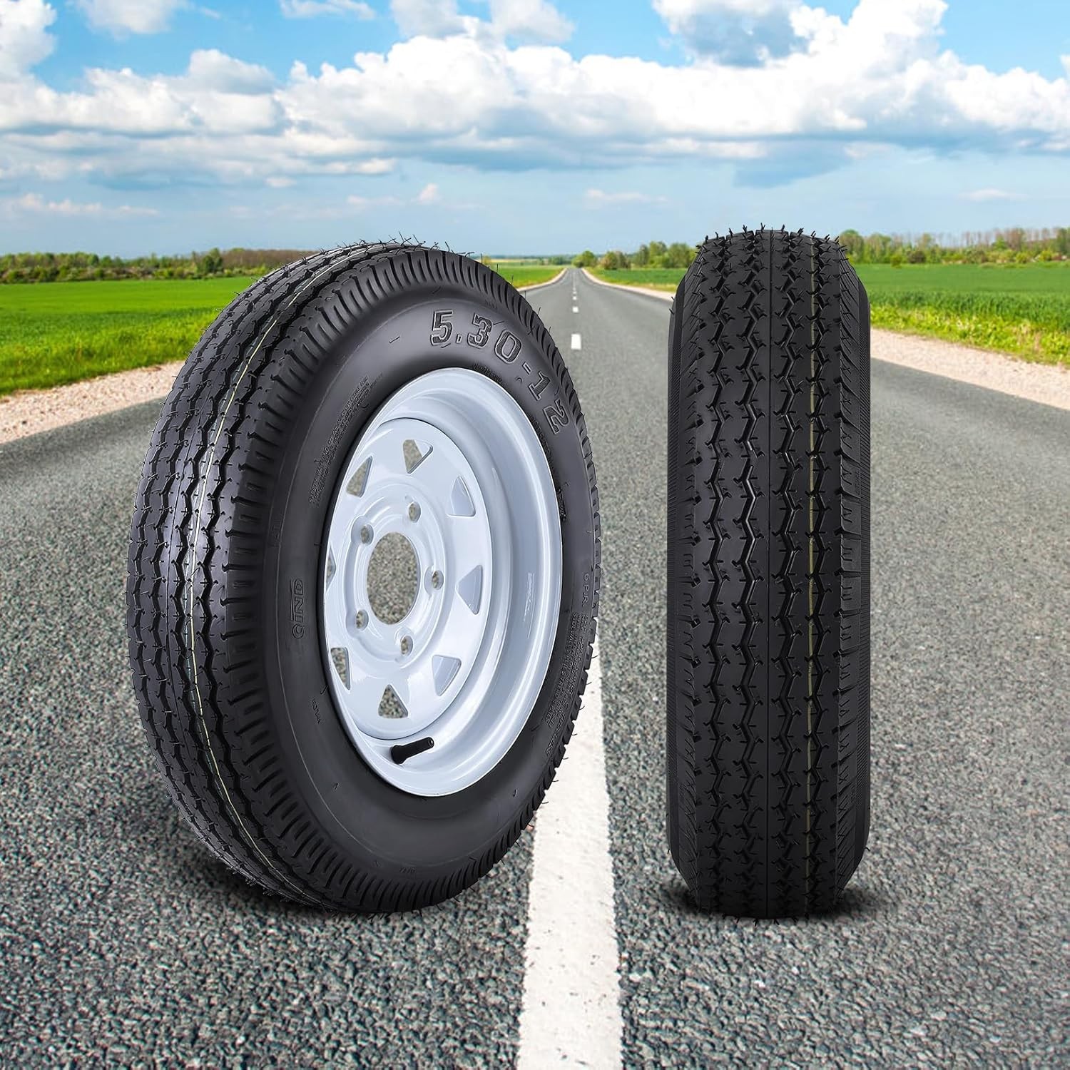 2 PCS 5.30-12 Trailer Tires with 12” Rims 530-12 5.30×12 5 Lug Load Range C 6PR