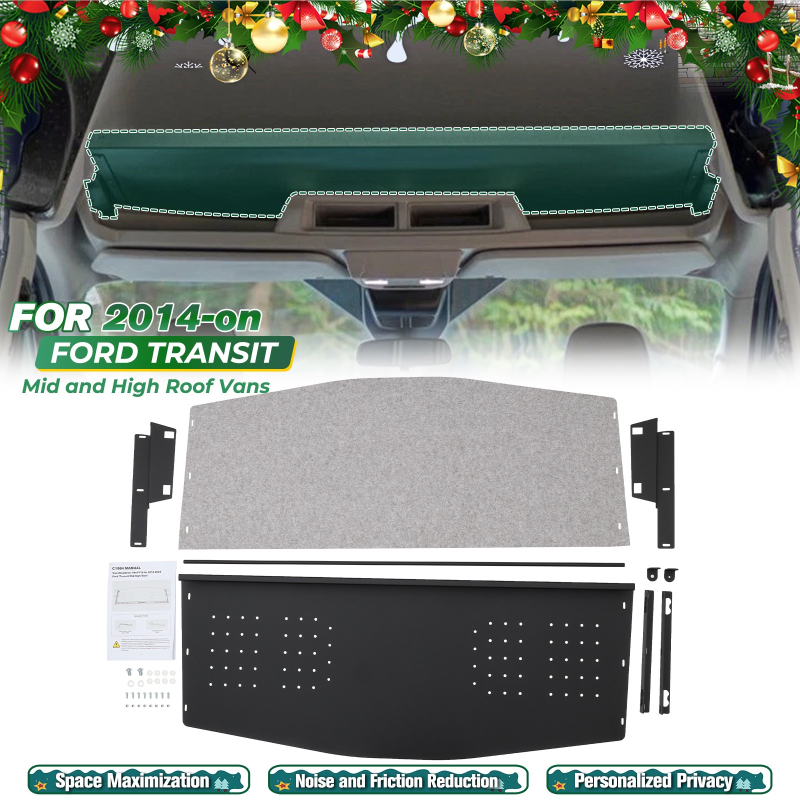 Van Headliner Shelf Storage FOR FORD TRANSIT 2015-2025 Curtain Rod+Carpet