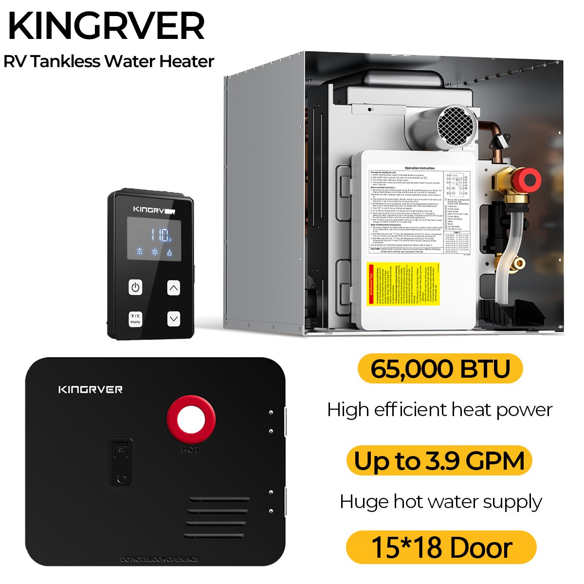 65,000 BTU RV Tankless Water Heater 15″x18″ Door with Controller Propane Gas