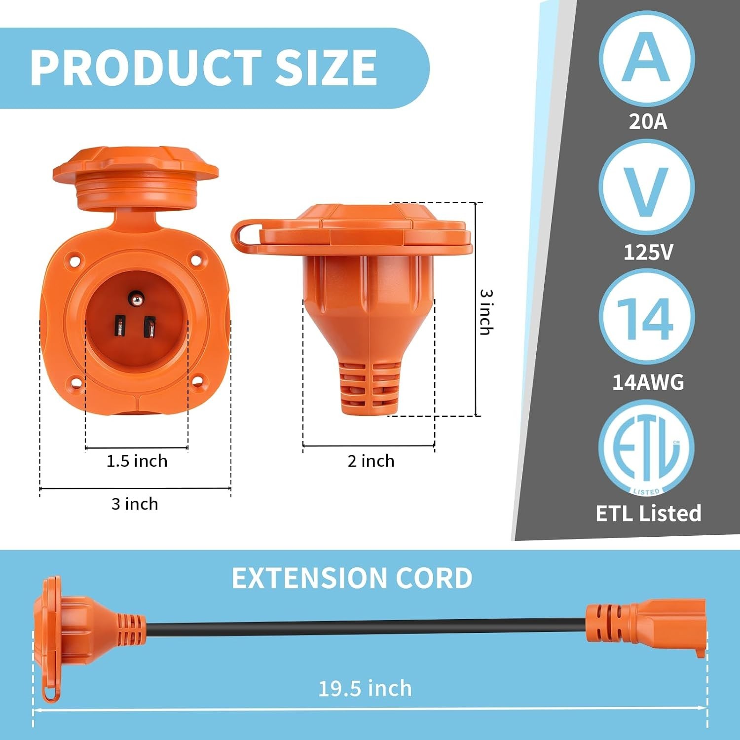 20A RV Shore Power Inlet with 5-in-1 T-Blade and 18-inch Weatherproof Cord
